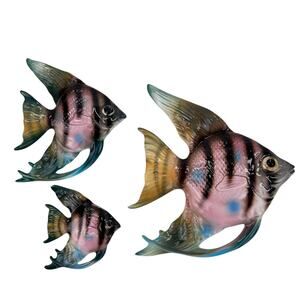 1950-60s Hand Painted ANGEL FISH Wall Hanging Plaque Japan 3 Pc Vintage MCM Fish